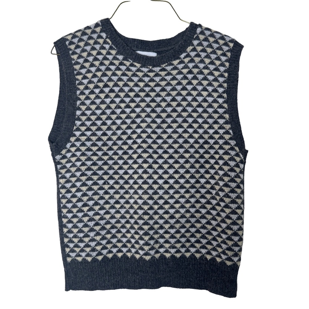 Vintage Russ Geometric Knit Sweater Vest Gray White‎ Wool Blend Small